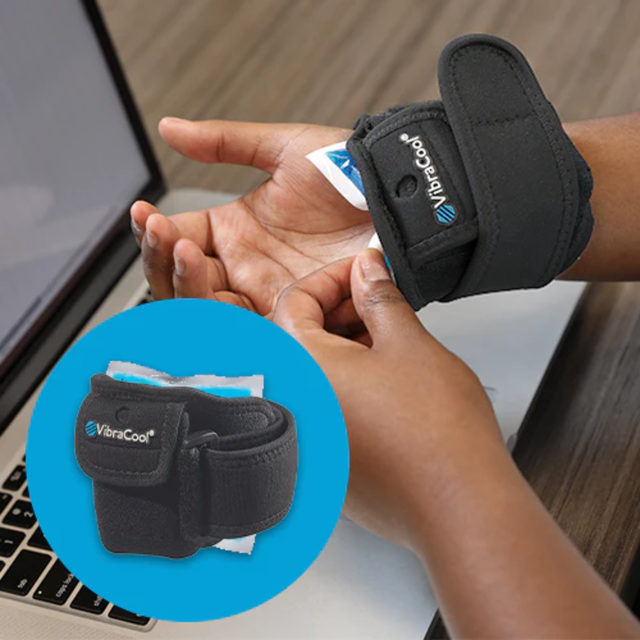 Person wearing a VibraCool Easyfit on the wrist with a close-up inset of the product.