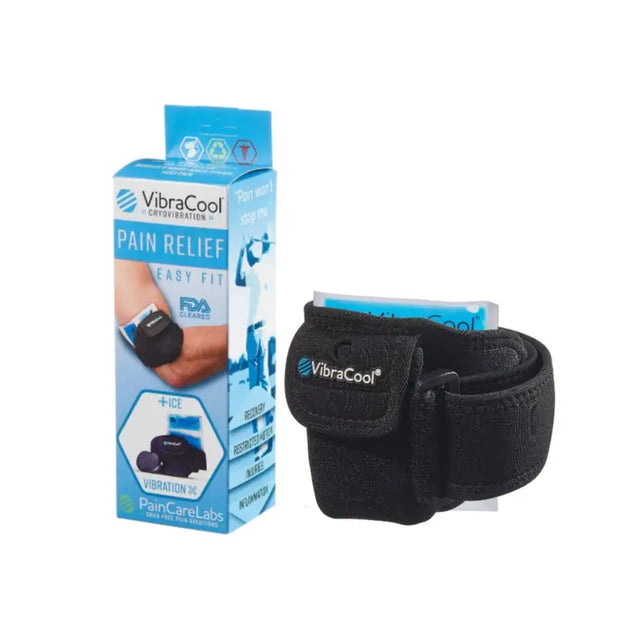 VibraCool Easy FIt Pain Relief wrist wrap shown next to its blue retail packaging box on a white background.