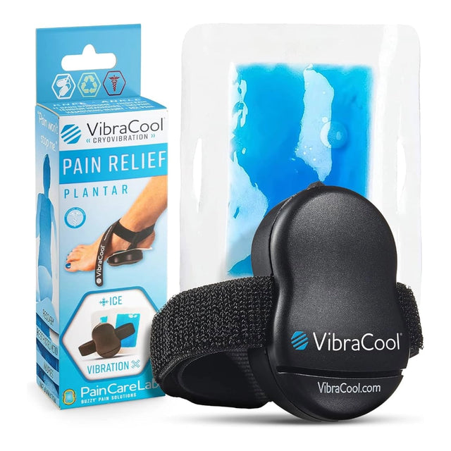 VibraCool Pain Relief Cryovibration plantar wrist/ankle cooling device shown with its retail box and a blue gel pack on a white background.