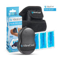 VibraCool Extended pain relief wrist brace set with a black wrist brace, a black oval vibration device, blue ice packs, and the retail box on a white background.