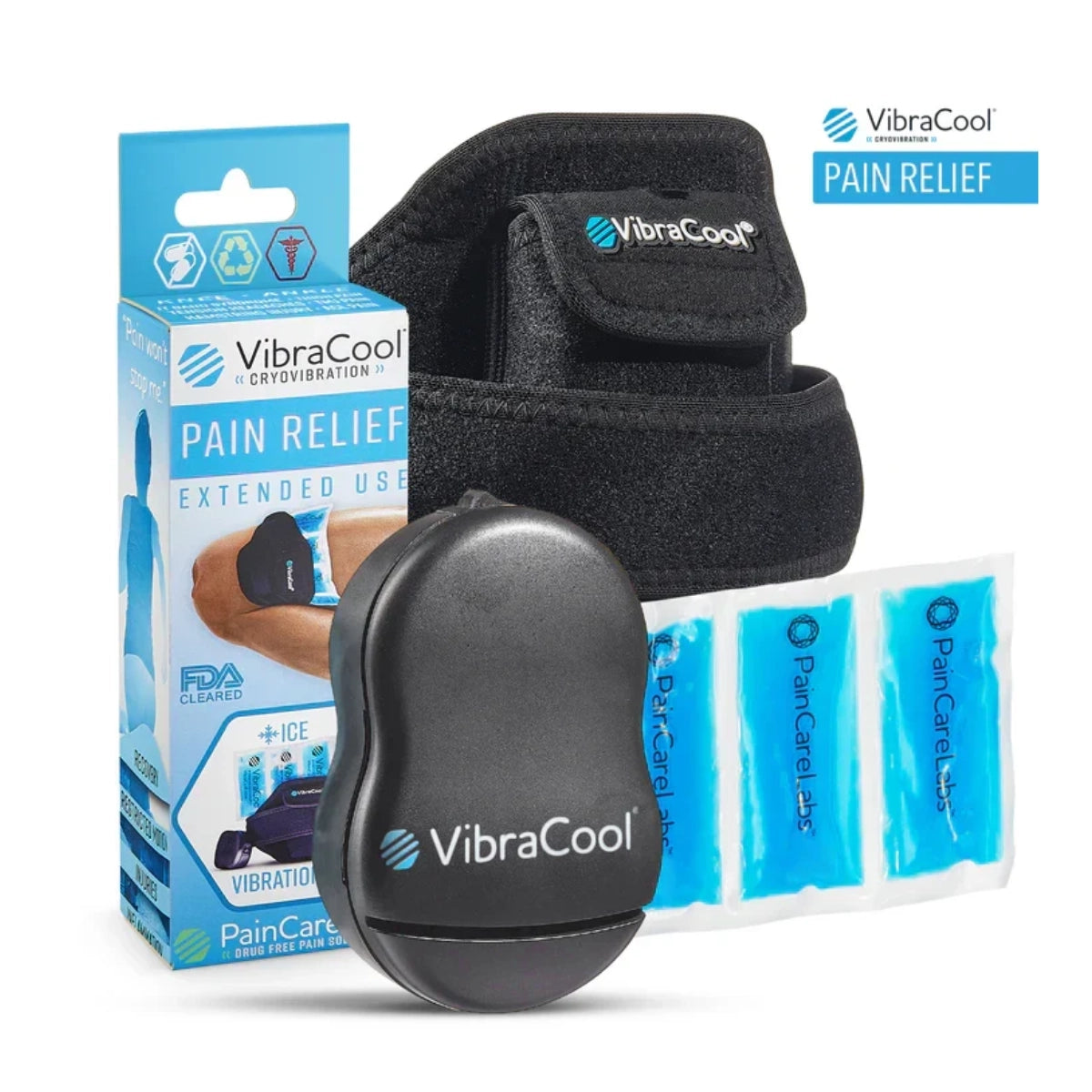 VibraCool Extended pain relief wrist brace set with a black wrist brace, a black oval vibration device, blue ice packs, and the retail box on a white background.