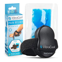 VibraCool Pain Relief Cryovibration plantar wrist/ankle cooling device shown with its retail box and a blue gel pack on a white background.