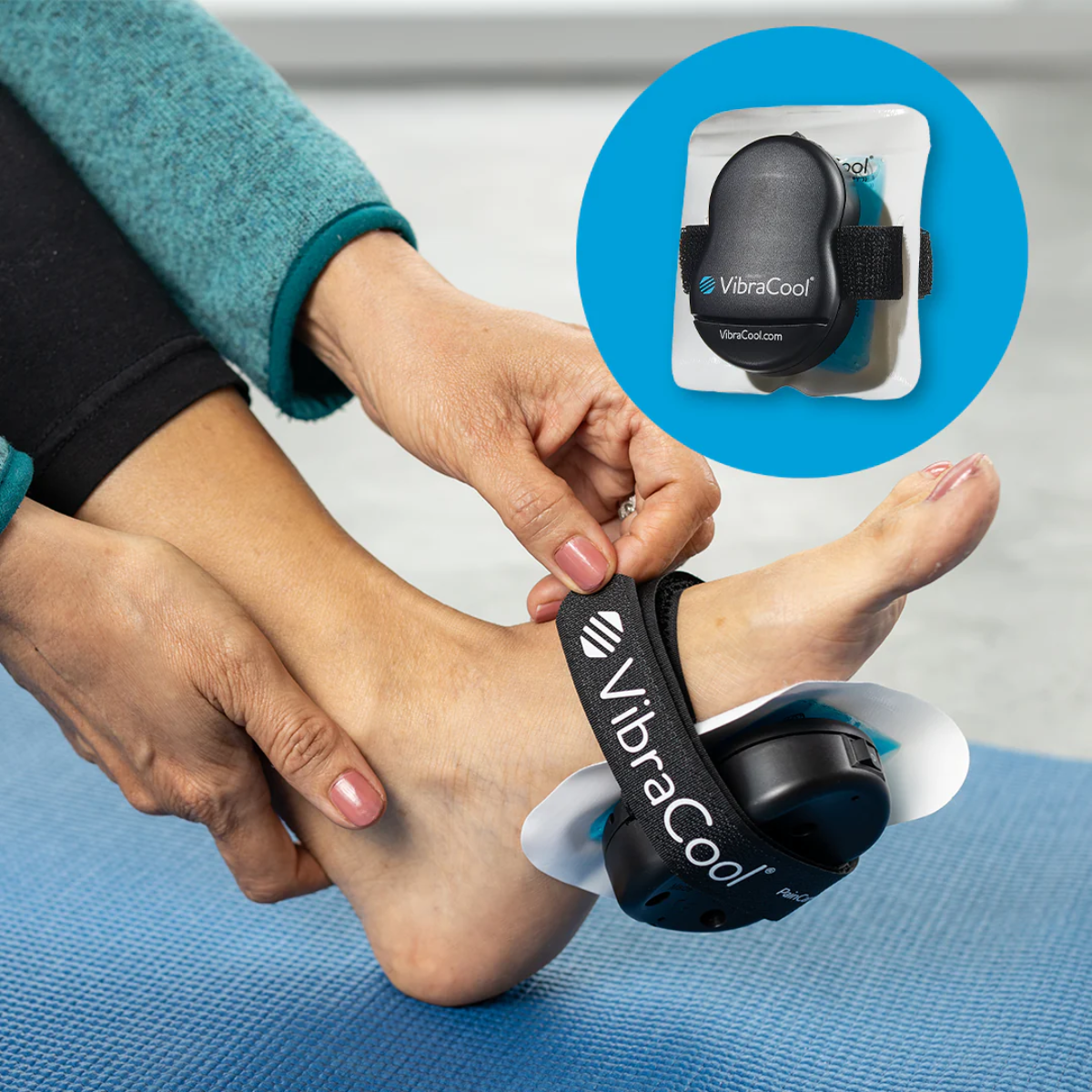 VibraCool Plantar fasciitis device worn on the foot