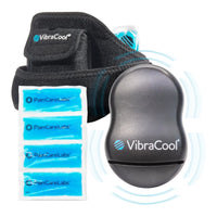 VibraCool Extended Knee and ankle wrap with a black cooling pad and four PainCareLabs cooling packs on a white background with light blue wave graphics.