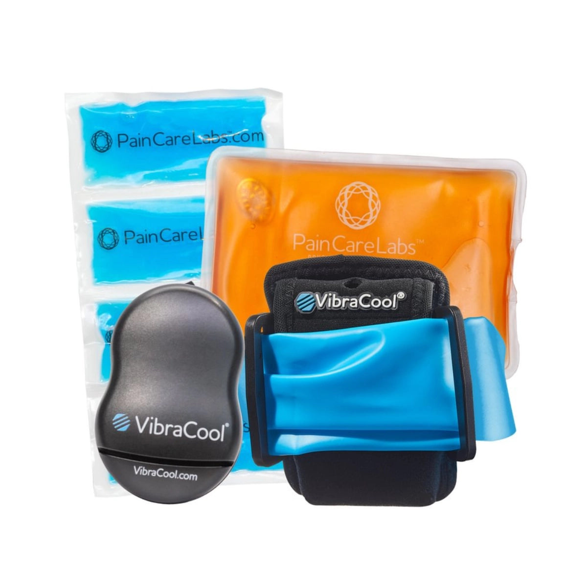 PainCareLabs VibraCool Flex pain relief kit featuring a black handheld device, a blue and black wrist wrap, and two orange gel packs on a white background.